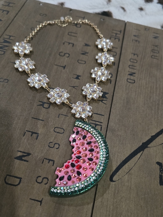 Betsey Johnson Jewelry - Betsey Johnson Gold Floral Necklace with Pink & Green Watermelon Pendant